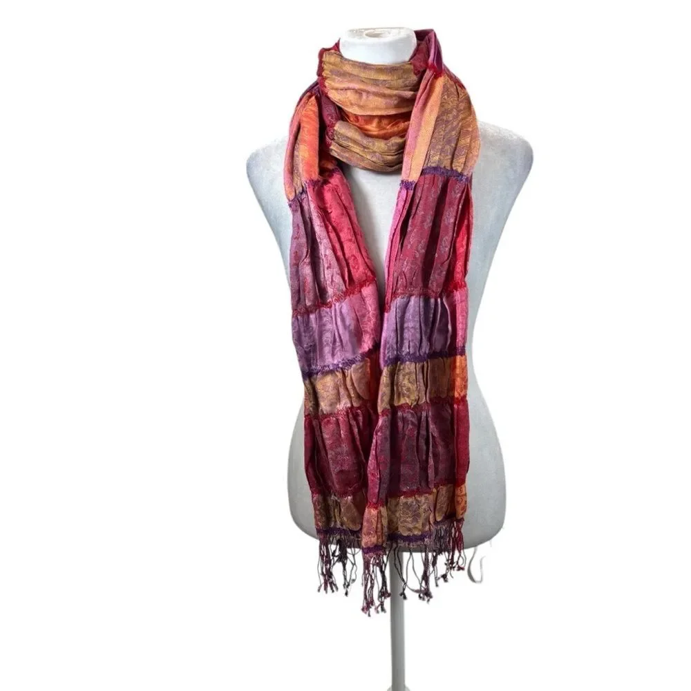 Ladies Silk and Linen Fringe End Scarf Purple, Pink‎ and Orange